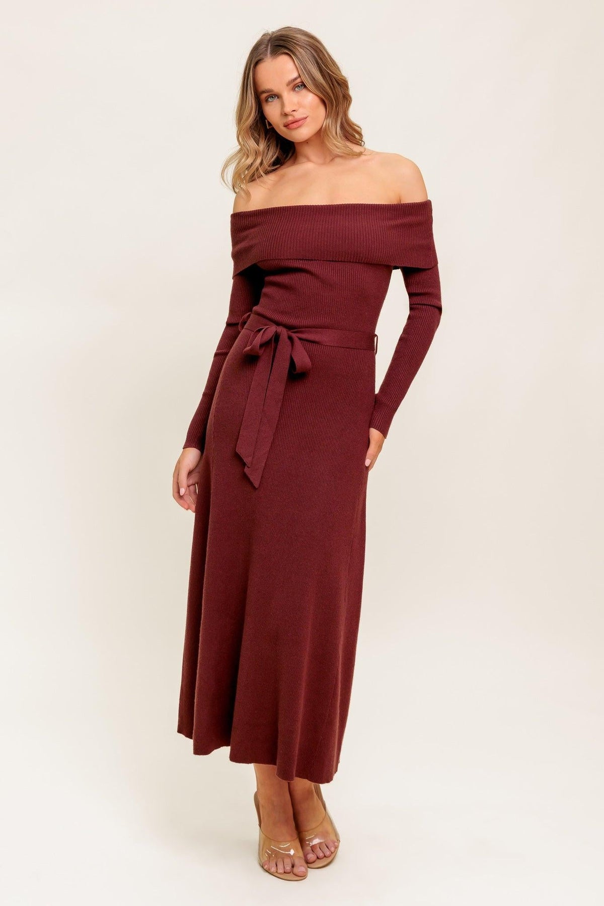 Brown Flying Tomato All a Fantasy Sweater Midi Dress with long sleeves and a cozy, knit sweater design.