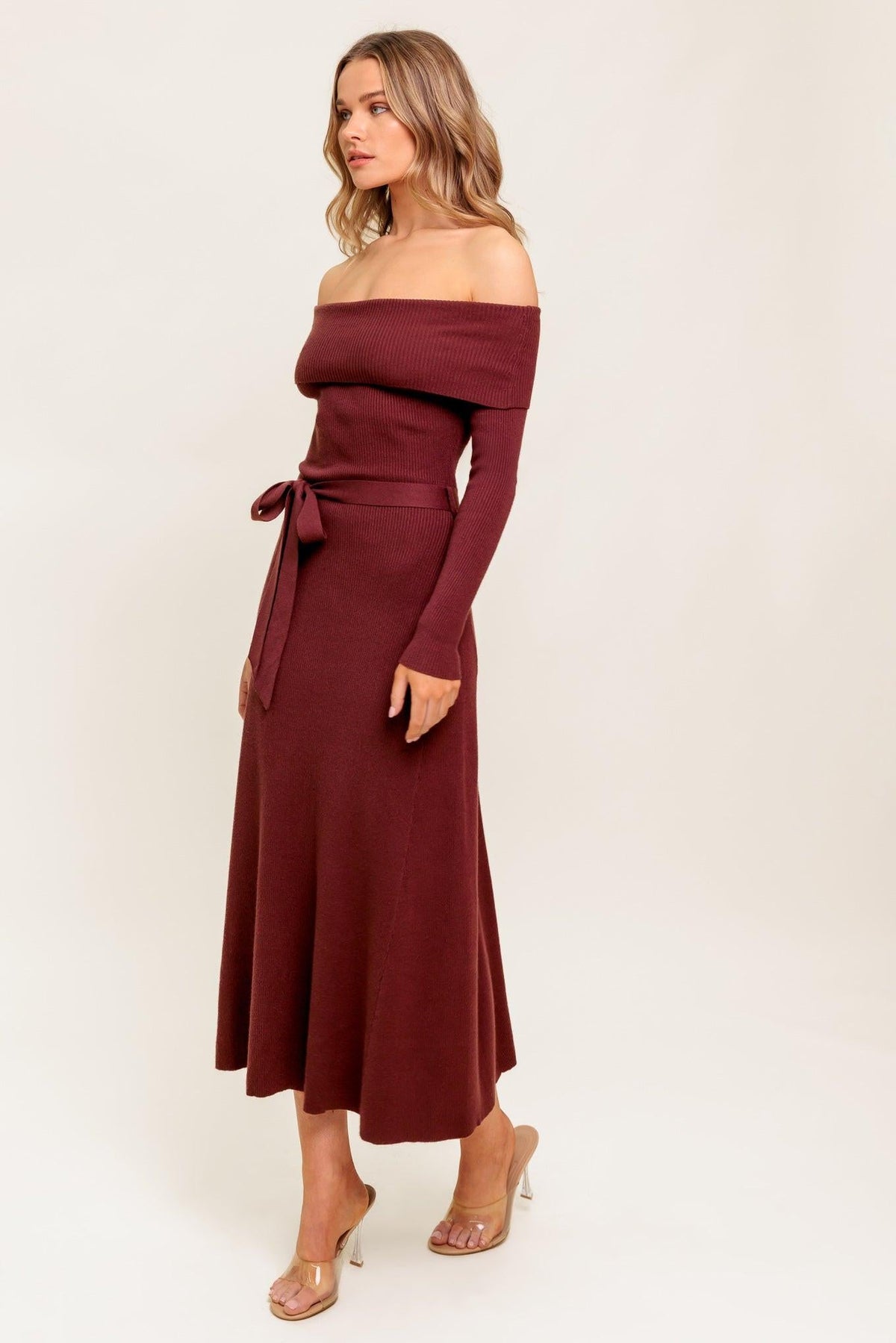 Brown Flying Tomato All a Fantasy Sweater Midi Dress featuring cozy knit fabric and a stylish, relaxed fit.