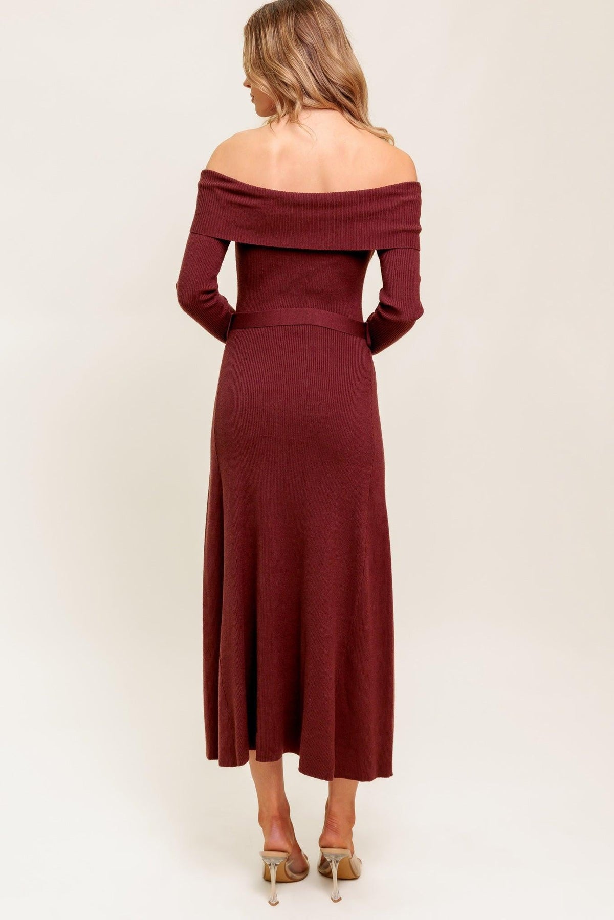 Brown Flying Tomato All A Fantasy Sweater Midi Dress, cozy knit sweater dress with a relaxed fit and stylish design.