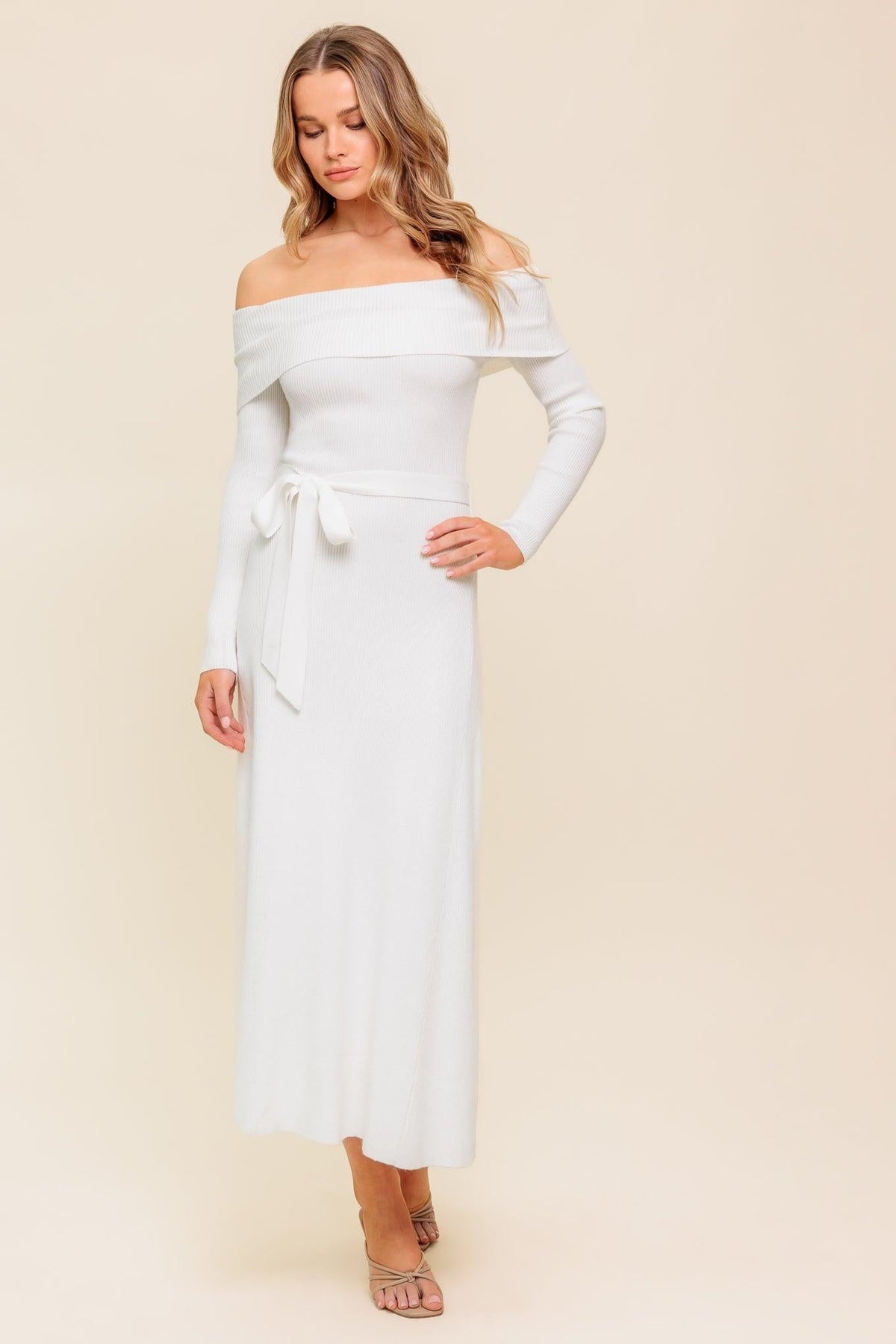 Flying Tomato All a Fantasy Sweater Midi Dress in ivory, featuring a cozy, knit sweater design with a flowing midi length.