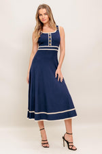 Flying Tomato Dreamy Daisy Knit Midi Dress in navy and ivory, featuring a cozy, stylish knitted sweater design.