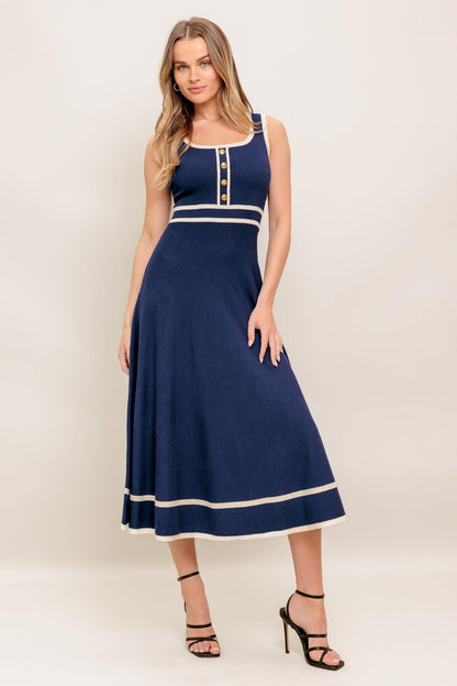 Flying Tomato Dreamy Daisy Knit Midi Dress in navy and ivory, featuring a cozy, stylish knitted sweater design.