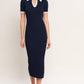 Navy Flying Tomato Heels-Ready Silhouette Knit Midi Dress with long sleeves and fitted silhouette, styled as a sweater dress.