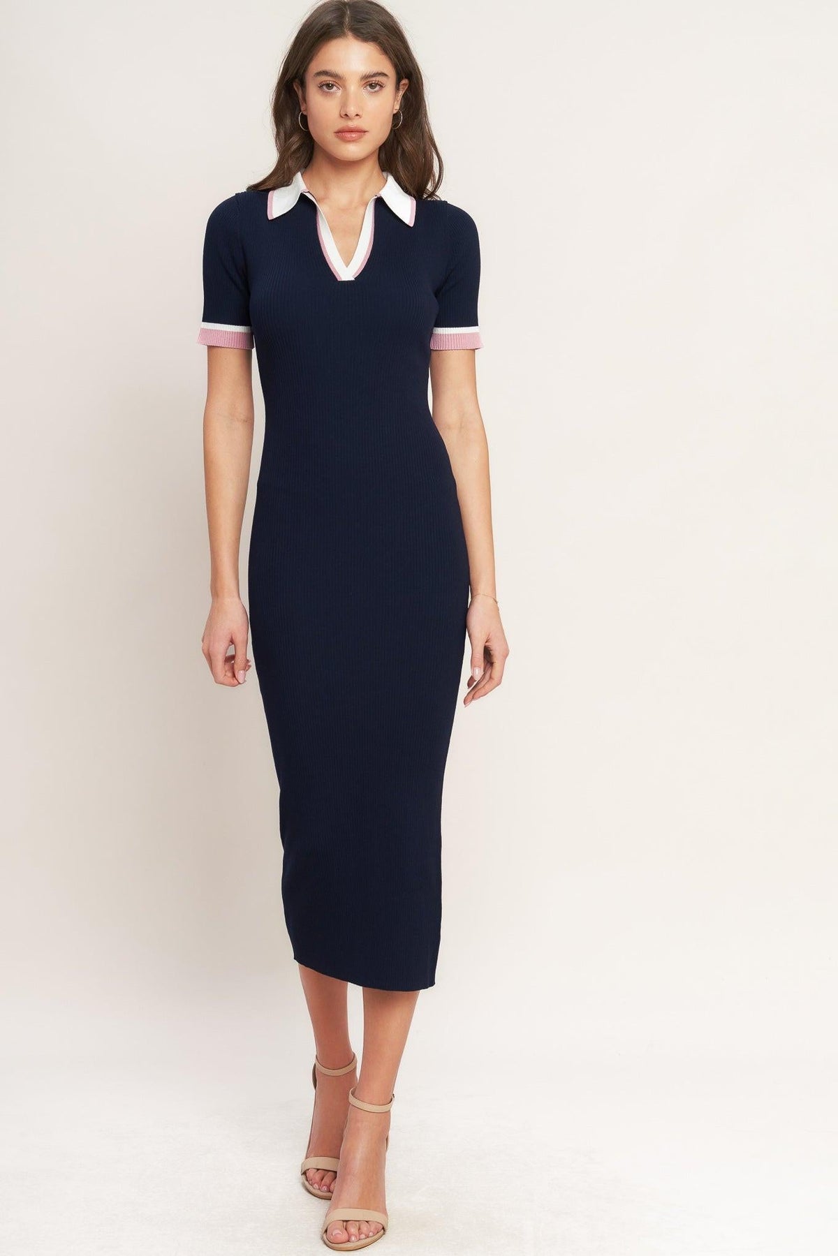 Navy Flying Tomato Heels-Ready Silhouette Knit Midi Dress with long sleeves and fitted silhouette, styled as a sweater dress.