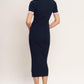Navy Flying Tomato Heels-Ready Silhouette Knit Midi Dress, stylish sweater dress with fitted silhouette and long sleeves.