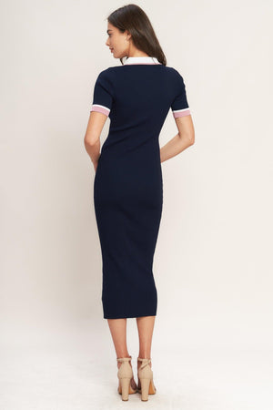Navy Flying Tomato Heels-Ready Silhouette Knit Midi Dress, stylish sweater dress with fitted silhouette and long sleeves.