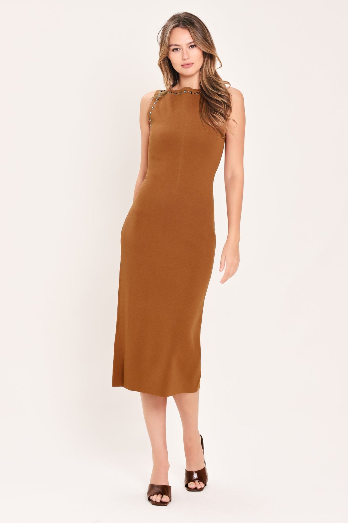 Flying Tomato Saddlewood Elegance sweater knit midi dress in brown, featuring a fitted silhouette and classic design.