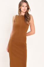 Brown Saddlewood Elegance sweater-knit midi dress by Flying Tomato, featuring a fitted silhouette and cozy fabric.