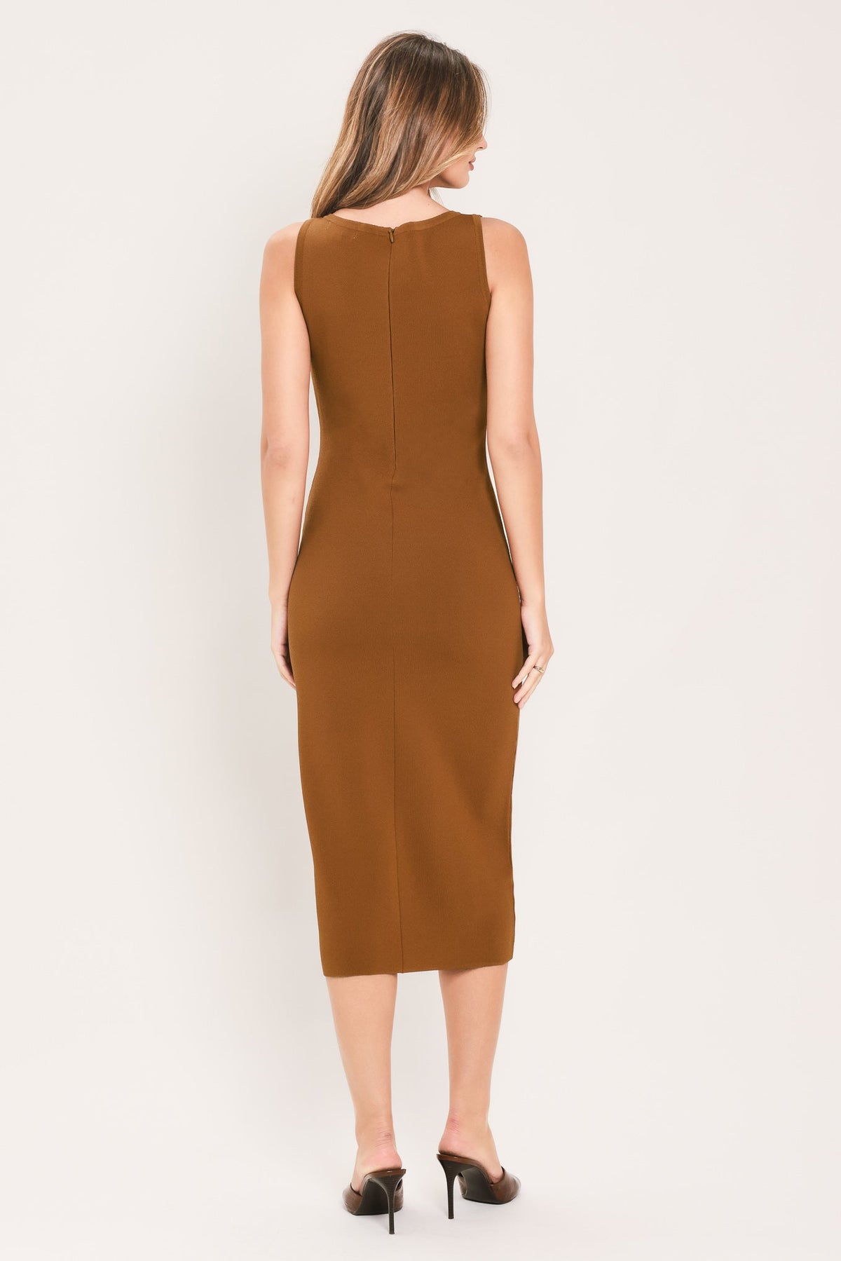 Brown Saddlewood Elegance Sweater Knit Midi Dress by Flying Tomato, featuring a cozy knit fabric and a stylish midi length.