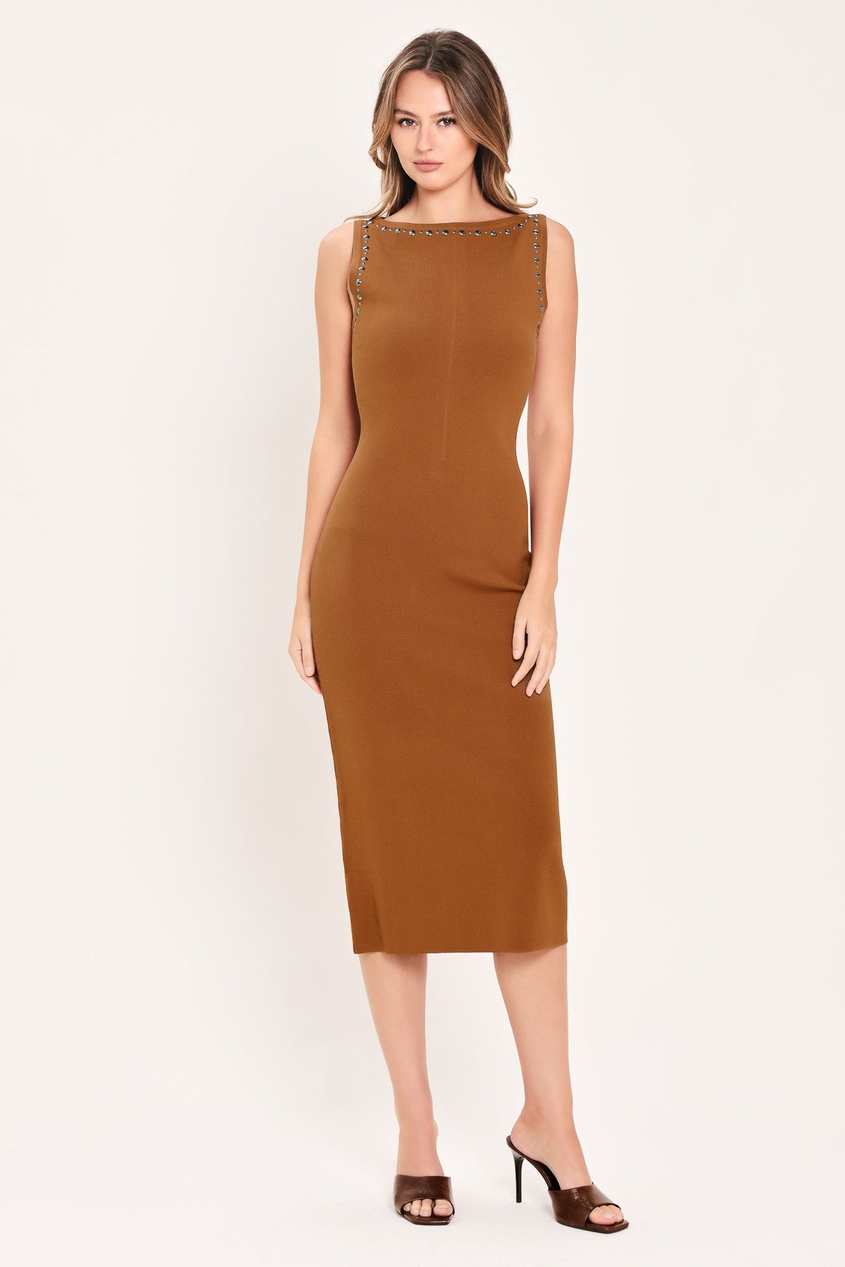 Flying Tomato Saddlewood Elegance sweater knit midi dress in warm brown, shown on a model with a soft, cozy fabric texture.