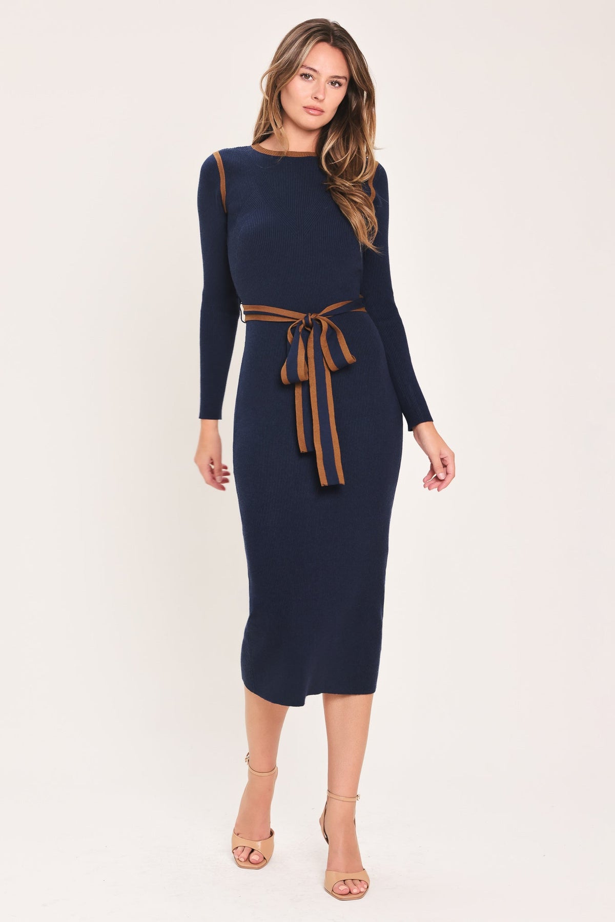 Navy belted sweater midi dress by Flying Tomato featuring a cozy knit fabric, long sleeves, and a waist belt for a stylish look.