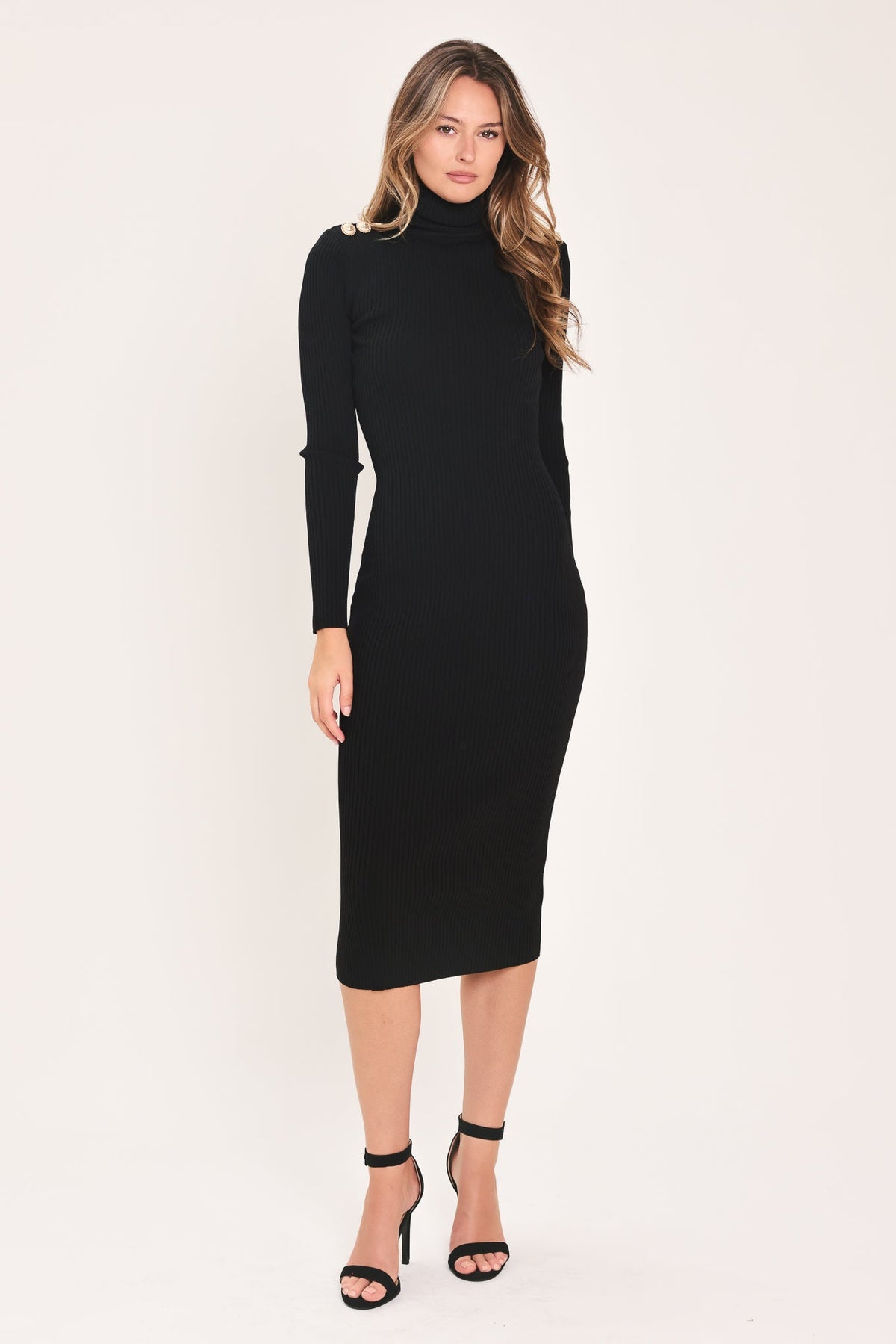 Flying Tomato polished moments turtleneck sweater midi dress in black, featuring a fitted turtleneck and sleek, versatile design.