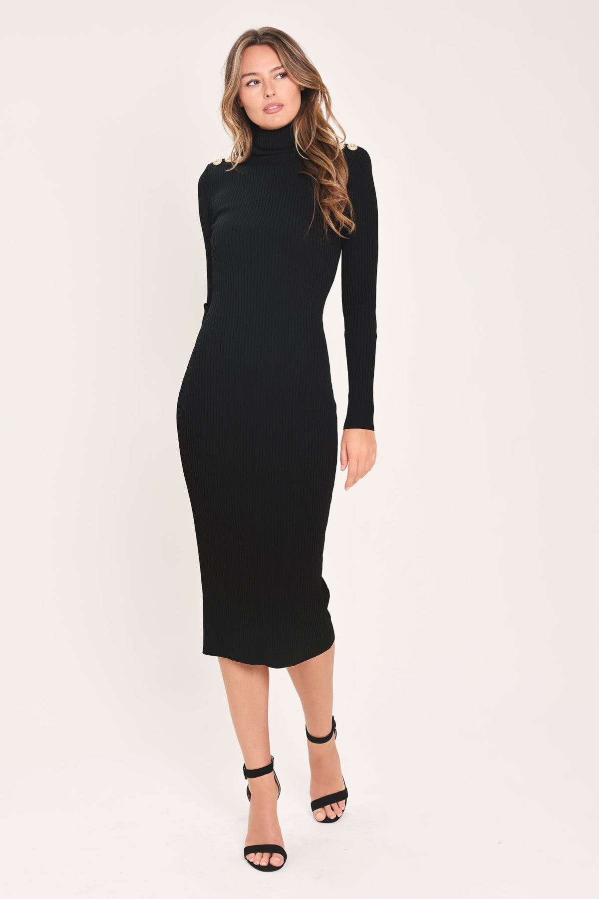 Black polished moments turtleneck sweater midi dress from Flying Tomato, featuring a fitted silhouette and ribbed turtleneck.