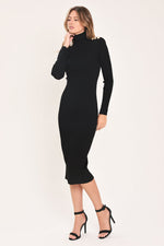Black polished moments turtleneck sweater midi dress by Flying Tomato, featuring a fitted turtleneck and sleek midi length.