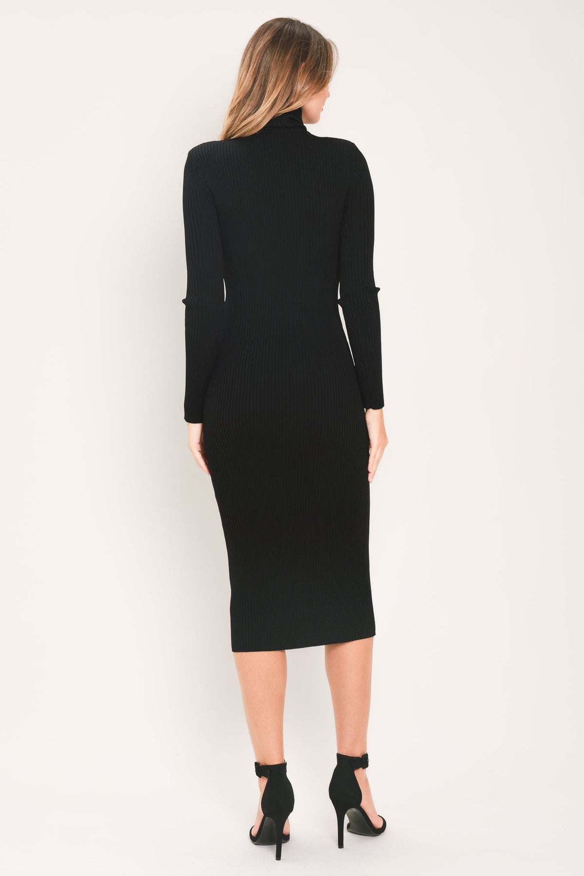 Black Flying Tomato polished moments turtleneck sweater midi dress, long-sleeve knit with a fitted silhouette and turtleneck collar.