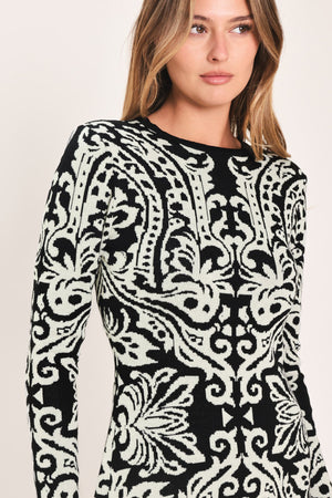 Flying Tomato Midnight Muse black jacquard sweater midi dress, stylish and elegant, featuring intricate jacquard fabric and a fitted silhouette.