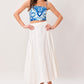 Flying Tomato Coastal Mosaic woven crop top in blue and white with intricate mosaic pattern and lightweight fabric.