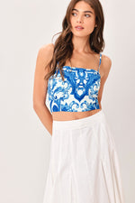 Flying Tomato coastal mosaic woven crop top in blue and white, featuring intricate mosaic pattern and lightweight fabric.