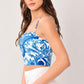 Flying Tomato Coastal Mosaic woven crop top in blue and white with intricate mosaic pattern, casual and stylish for summer.