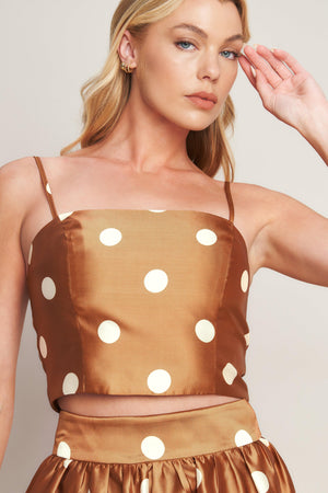Flying Tomato chic polka flow woven top in caramel color, featuring lightweight fabric and a stylish, relaxed fit.