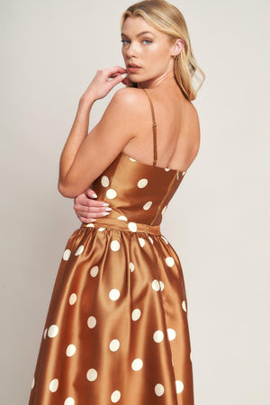 Caramel-colored Chic Polka Flow woven top by Flying Tomato, featuring a stylish polka dot pattern and lightweight fabric.