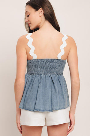 Light indigo lightweight denim top by Flying Tomato with a relaxed drape and casual fit, suitable for everyday wear.