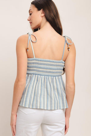 Flying Tomato Coastal Day Strip Woven Top in ivory and blue, featuring a casual, lightweight design with striped pattern and woven fabric.