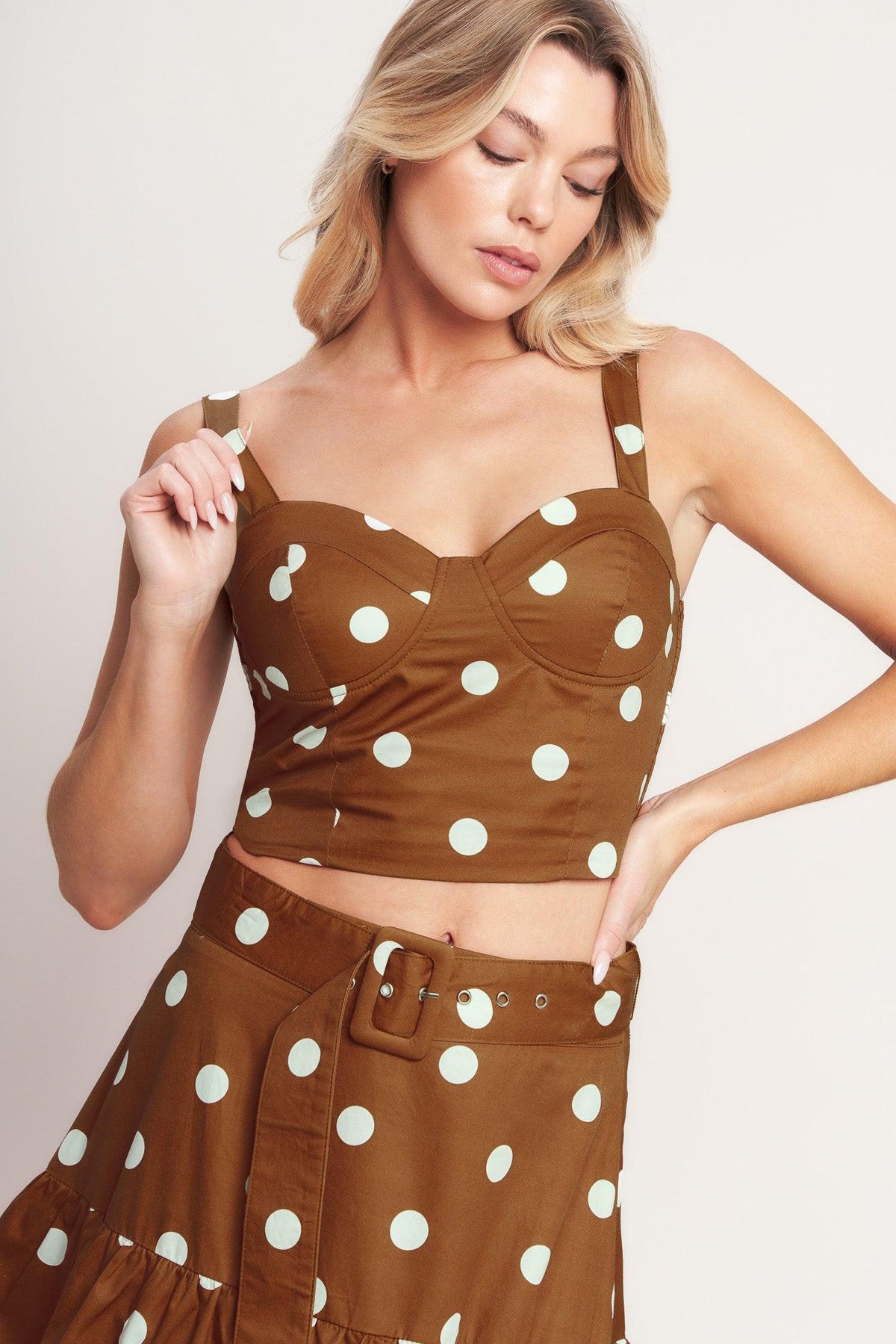 Brown Sugar Dot Woven Bustier Top by Flying Tomato, featuring a fitted design with a dotted pattern and woven fabric texture.