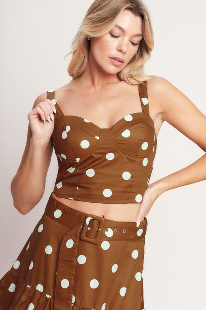 Brown Sugar Dot Woven Bustier Top by Flying Tomato, featuring a fitted design with a dotted pattern and woven fabric texture.