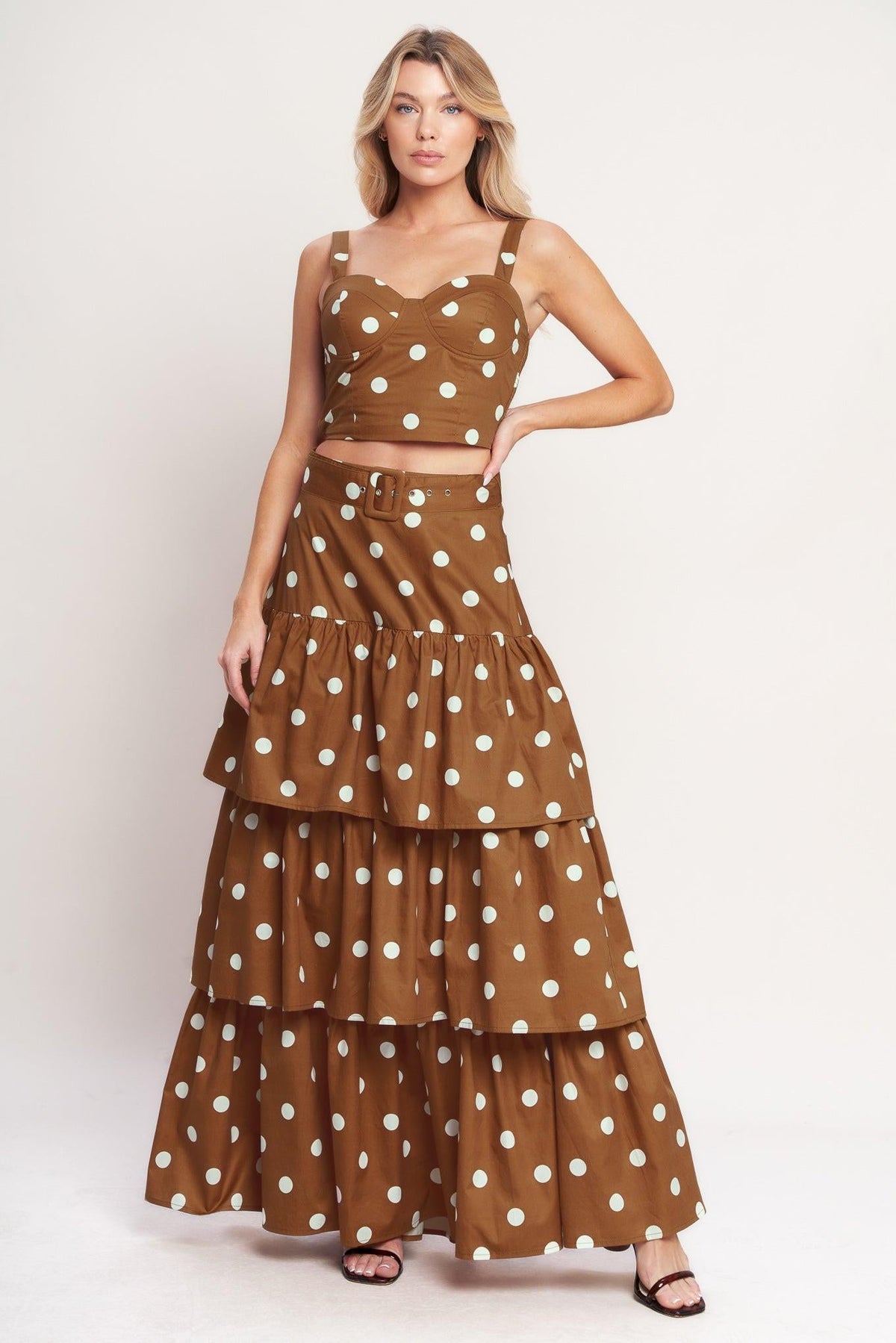 Flying Tomato brown sugar dot woven bustier top with adjustable straps and fitted design, showing textured fabric and stylish details.