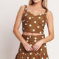 Brown Sugar Dot Woven Bustier Top by Flying Tomato, featuring a fitted woven design with brown color and dotted pattern.