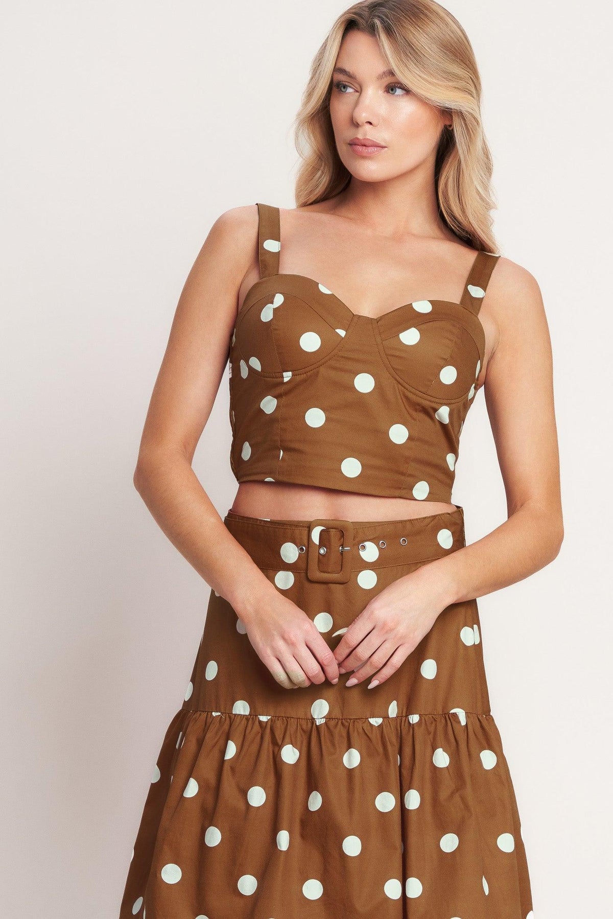 Brown Sugar Dot Woven Bustier Top by Flying Tomato, featuring a fitted woven design with brown color and dotted pattern.