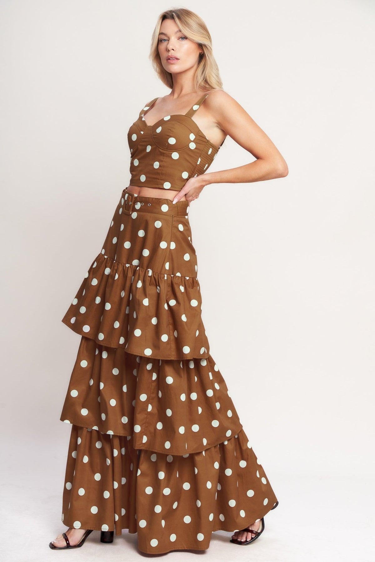 Flying Tomato brown woven bustier top with sugar dot pattern, featuring a fitted design and strapless style.