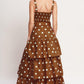 Brown Sugar Dot Woven Bustier Top by Flying Tomato, featuring a stylish woven design and fitted bustier style, shown in a close-up image.