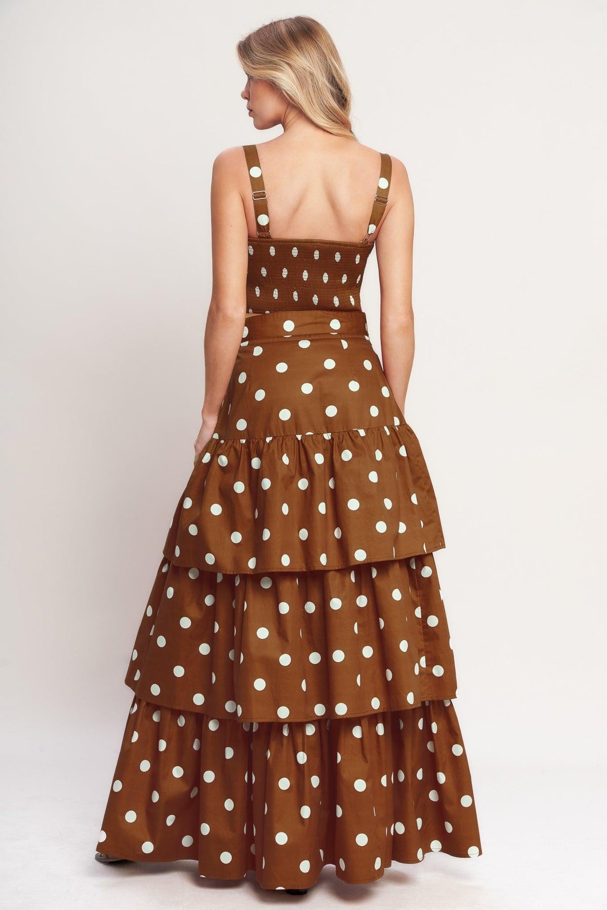 Brown Sugar Dot Woven Bustier Top by Flying Tomato, featuring a stylish woven design and fitted bustier style, shown in a close-up image.