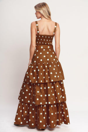 Brown Sugar Dot Woven Bustier Top by Flying Tomato, featuring a stylish woven design and fitted bustier style, shown in a close-up image.