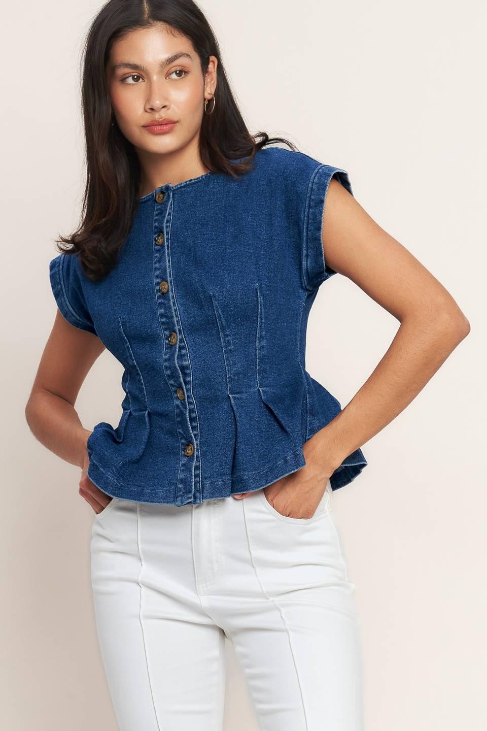 Medium indigo Flying Tomato denim top from THE ONE YOU KEEP collection, featuring a casual, stylish design with button details.