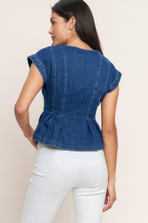 Medium indigo Flying Tomato denim top from The One You Keep collection, featuring a stylish casual design.