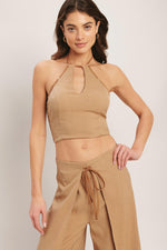 Flying Tomato caramel coast woven crop top in taupe, featuring a textured woven fabric and stylish cropped design.