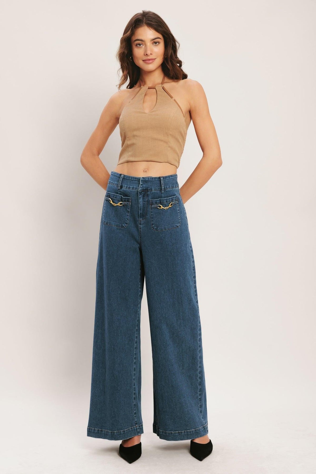 Flying Tomato caramel coast woven crop top in taupe with a textured woven fabric and cropped fit, front view.