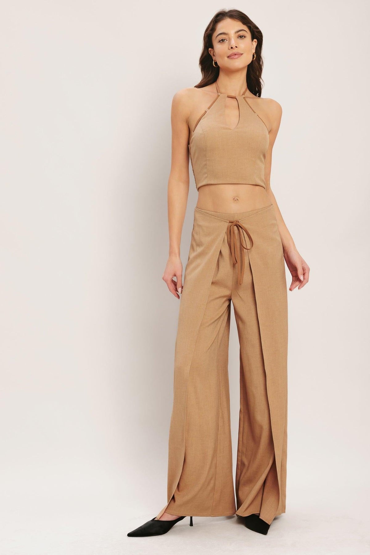 Taupe woven crop top from Flying Tomato's Caramel Coast collection, featuring a stylish, textured design and short sleeves.