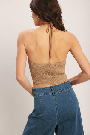 Flying Tomato caramel coast woven crop top in taupe with a textured woven fabric and short sleeves.