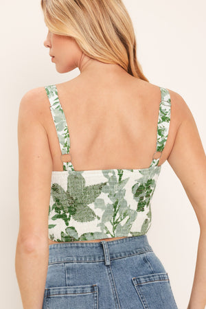 Flying Tomato Greenhouse Romance woven bustier top in ivory sage color, with detailed woven fabric and fitted design.