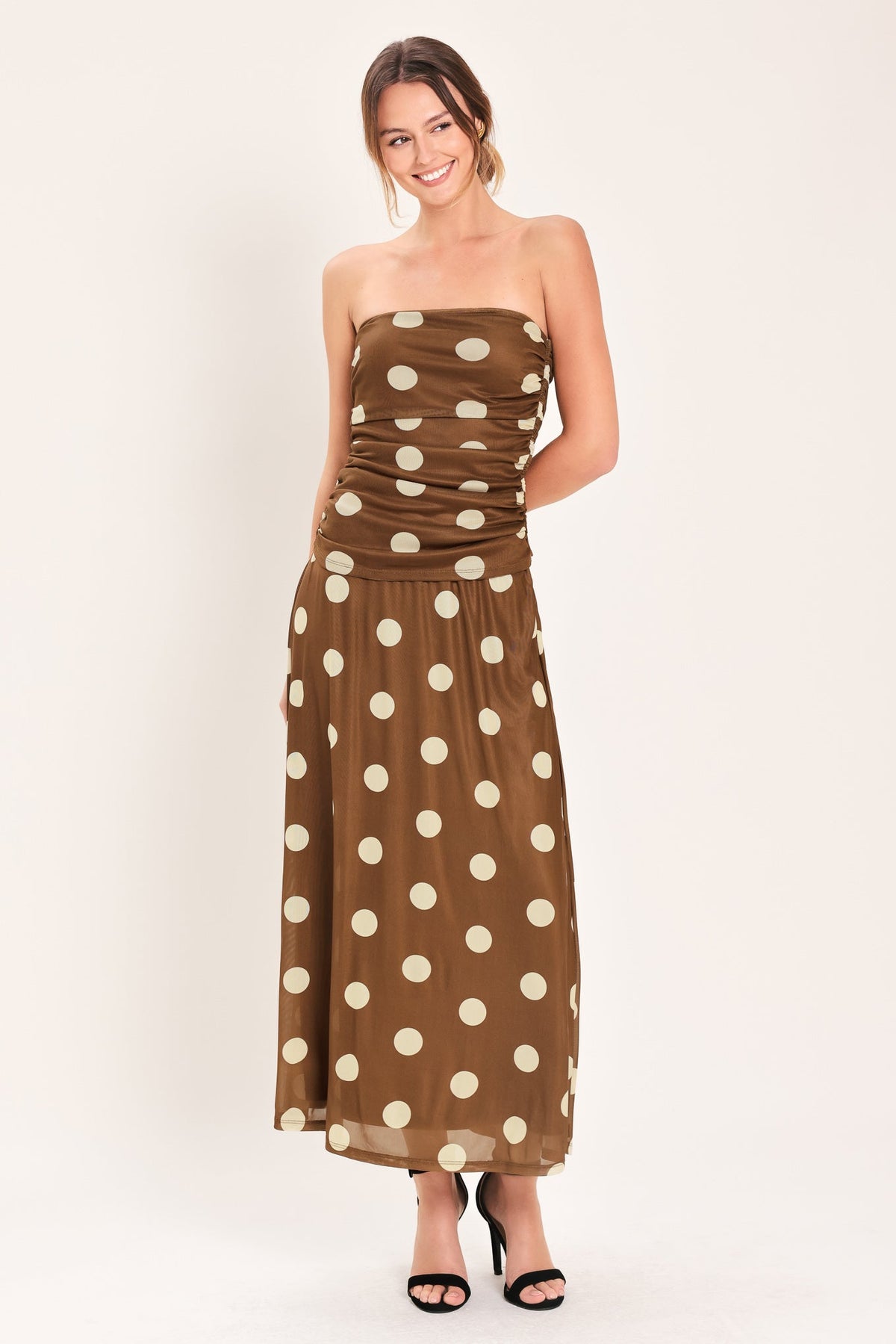 Flying Tomato French Girl polka dot power mesh tube top in brown, close-up view of the fitted, stretchy sleeveless top with polka dot pattern.