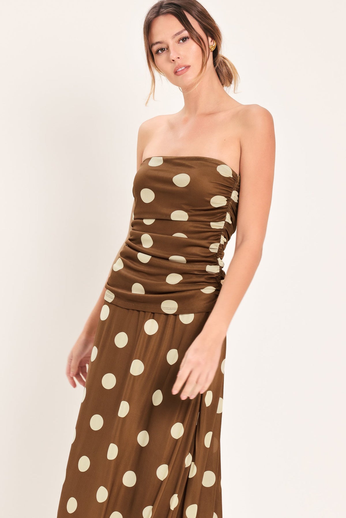 Flying Tomato French Girl polka dot power mesh tube top in brown, featuring a fitted design and stretchy fabric.