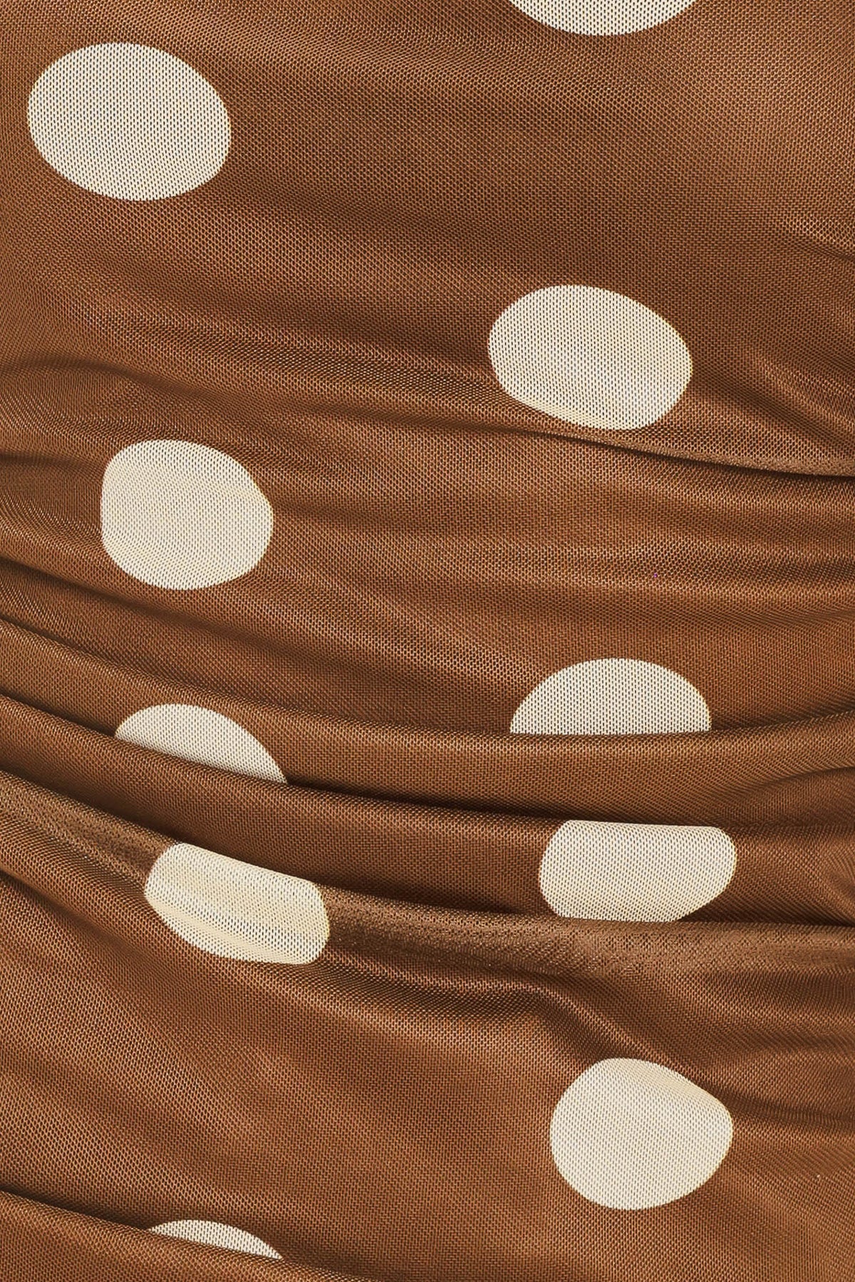 Flying Tomato French Girl polka dot power mesh tube top in brown, featuring a fitted, stretchy design with a strapless silhouette.