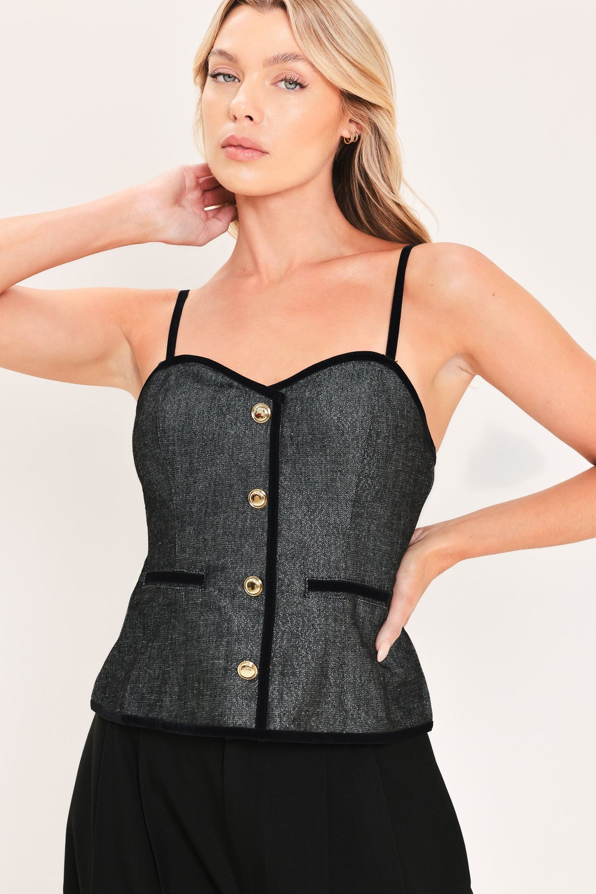 Black metallic hourglass woven top by Flying Tomato, featuring a stylish textured fabric and a fitted silhouette.