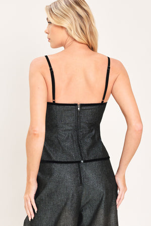 Black metallic hourglass woven top from Flying Tomato featuring a stylish, textured fabric with a fitted silhouette.