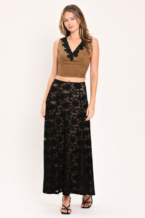 Flying Tomato Umber Lace Afterglow faux suede crop top in brown with lace details, casual and trendy for stylish outfits.
