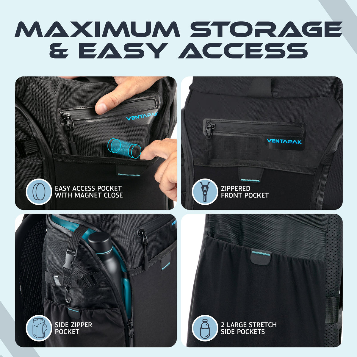 VENTAPAK Breeze 25 backpack accessory in black, shown from the front with adjustable straps and compact design
